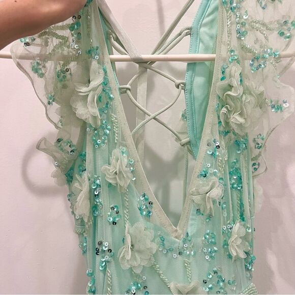 NWT Mac Duggal 70275 Aqua Mint Sequined Floral Ruffle Cutout Tulle Maxi Dress 2 - Picture 3 of 11